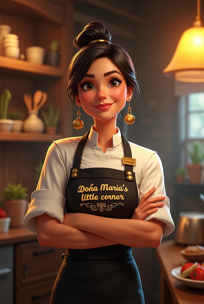 Female chef with apron that says "Doña Maria's little corner"
