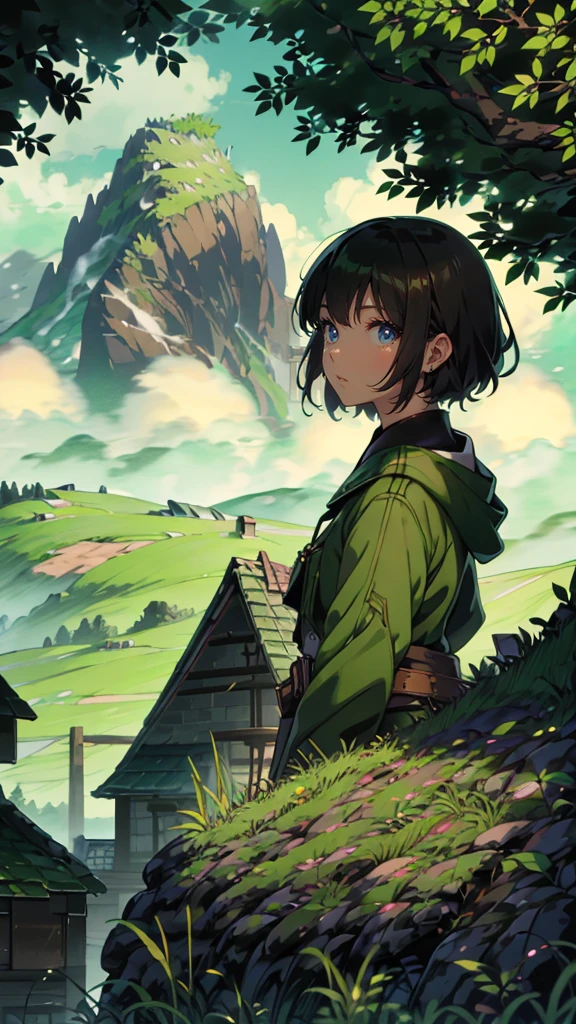 yuichiro hyakuya girl, (WithoutFear:1), 1 girl, black hair, green eyes, brown coat, gray armor, elves, sylvan, green shield, green cloak, dark brown gloves, forest, white fur trim, anime, standing, good quality, portrait, looking at viewer