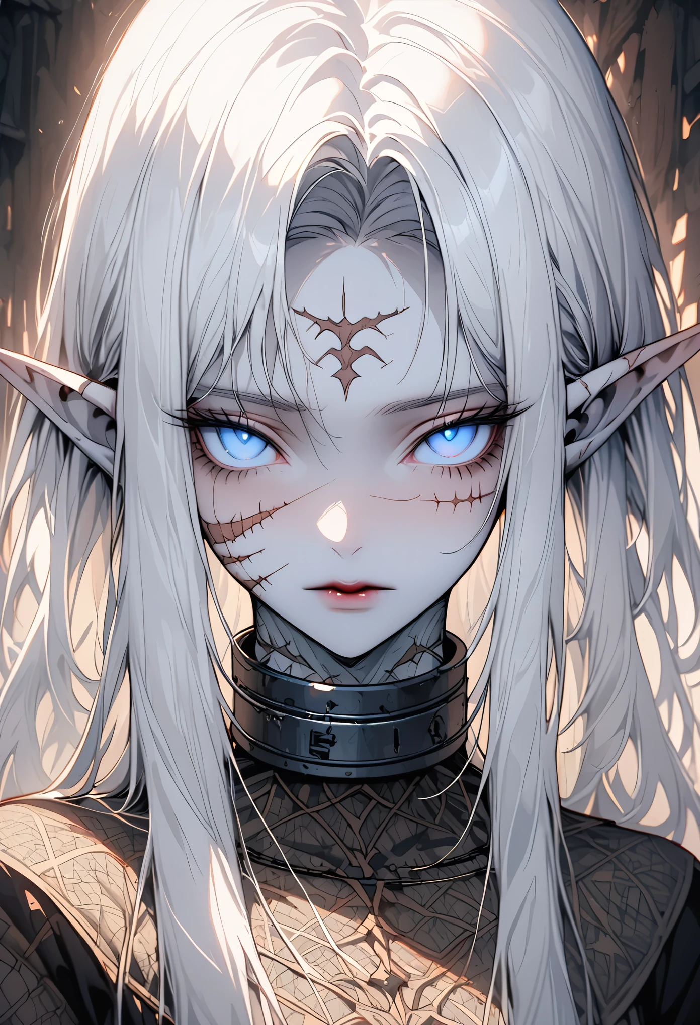 solo, female, close up, elf, pointed ears, pale skin, pinprick scars, scarified, patterned facial scars, white hair, collar, tall, ethereal beauty, slender, lithe frame, long hair, cold eyes, blue eyes, serene elegance, haunted expression, pattern scars, slight build, tough, fragile appearance, quiet dignity, medieval, tattered clothes, calm, warm light, looking at viewer, iron slave collar