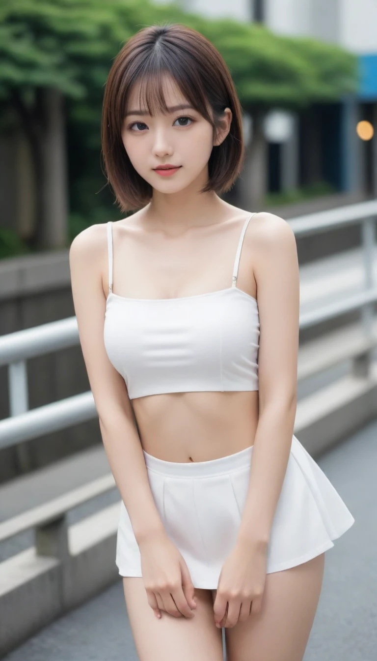 8k, photo realistic, Scores 9, 8, 7, 6, medium closeup, detailed, very sharp, vivid, solo, Tokyo street, pretty high heel, long legs, small face, beautiful eyes, beautiful thighs, shirt, micro mini skirt, short hair,  front low view,  low angle:1.5, beautiful big breasts, slender,  the most beautiful woman, double eyelid, beautiful japanese woman, 25 yo, slim beautiful legs, sexy pantie stocking, sit on guardrail, off_sholders, show off pantie, show thighs, look down viewer