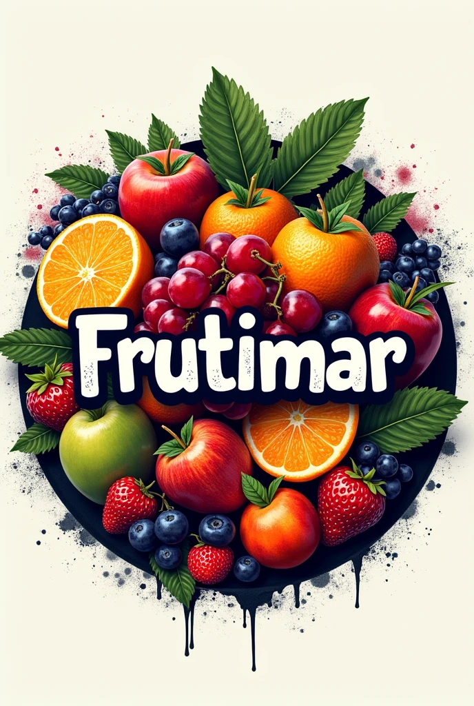 Circular logo of fruits and juices with name frutimar. With graffiti style
