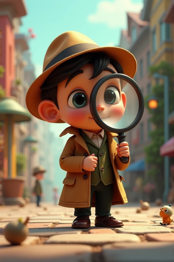 A little detective holding a child-like lens I want an animation 