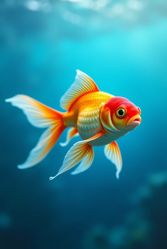 A happy goldfish swimming peacefully in a blue ocean