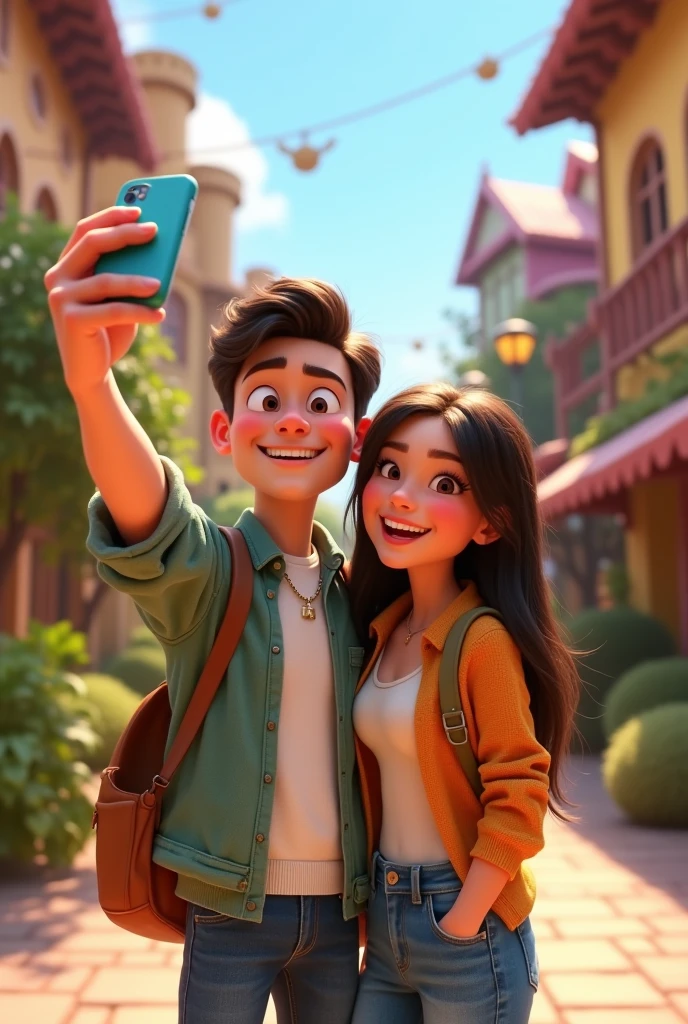 A Pixar image of a couple taking a selfie