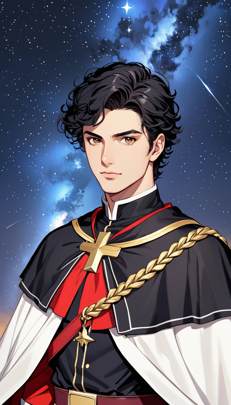 Saint Expedito with a resolute and determined expression.
Santo Expedito is a white man, with short, curly black hair, no beard, no mustache. Behind a beautiful starry sky.