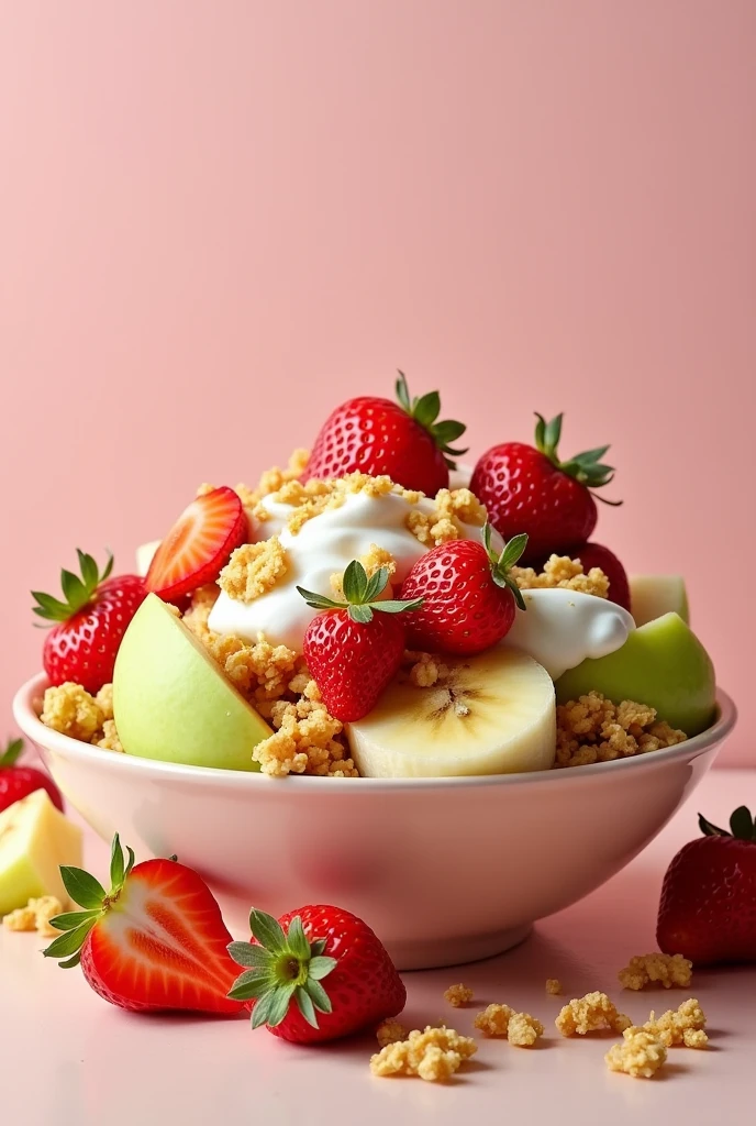 Strawberry, banana and apple salad with granola and yogurt in a bowl