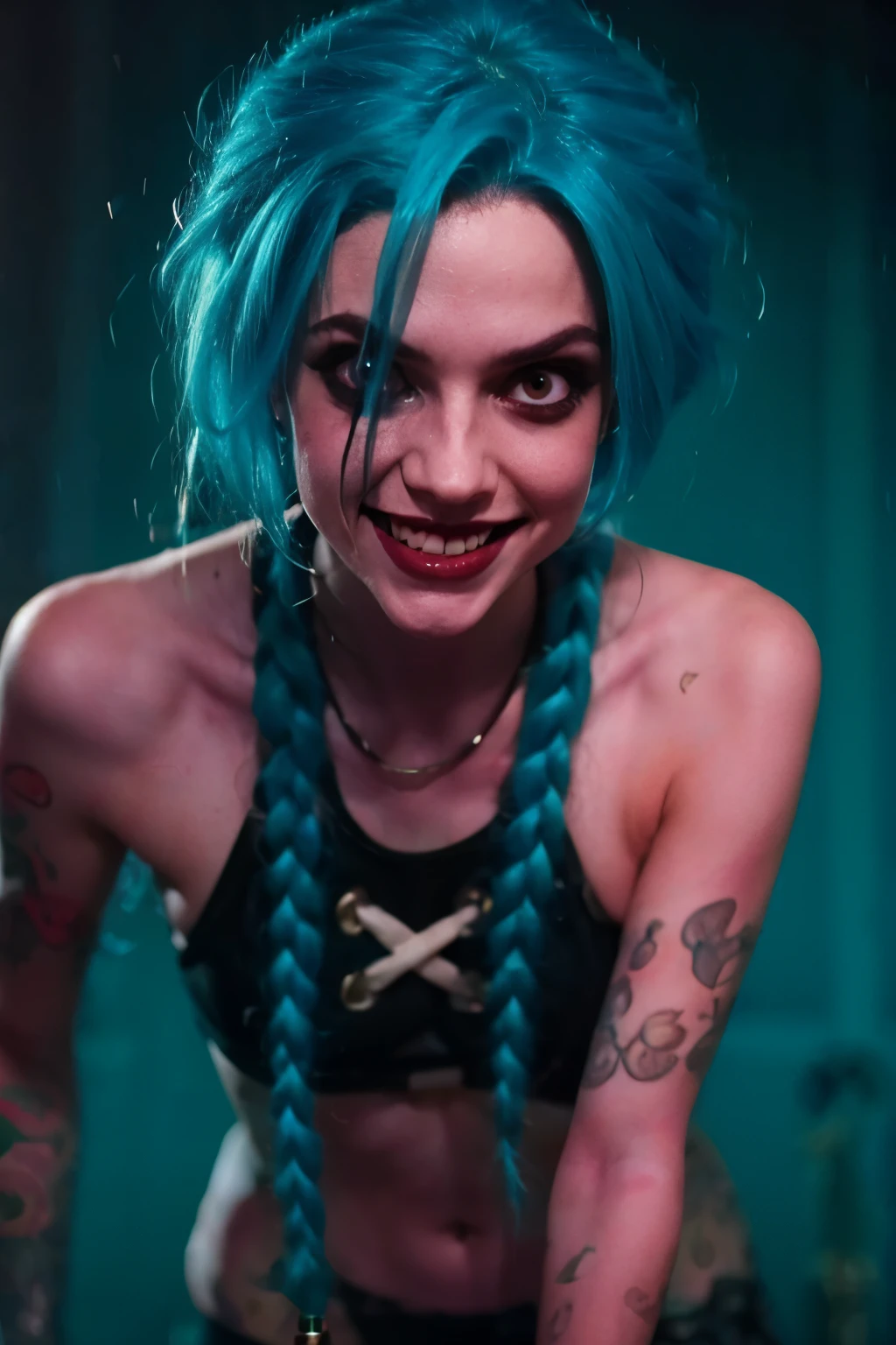 Hyper realistic super detailed , evil Jinx, Very detailed, (hyper realistic: 1.4), in dynamic pose, ((psycho face, creppy smiling)), BLUE hair twin braids. ((Grunge Neon grafitti background, cinematic lighting)).