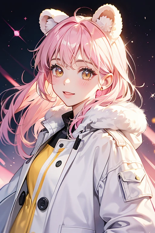 Nat is a girl bear with a shiny white coat. She has yellow ears and pink cheeks. SPARKLE; GLITTER
