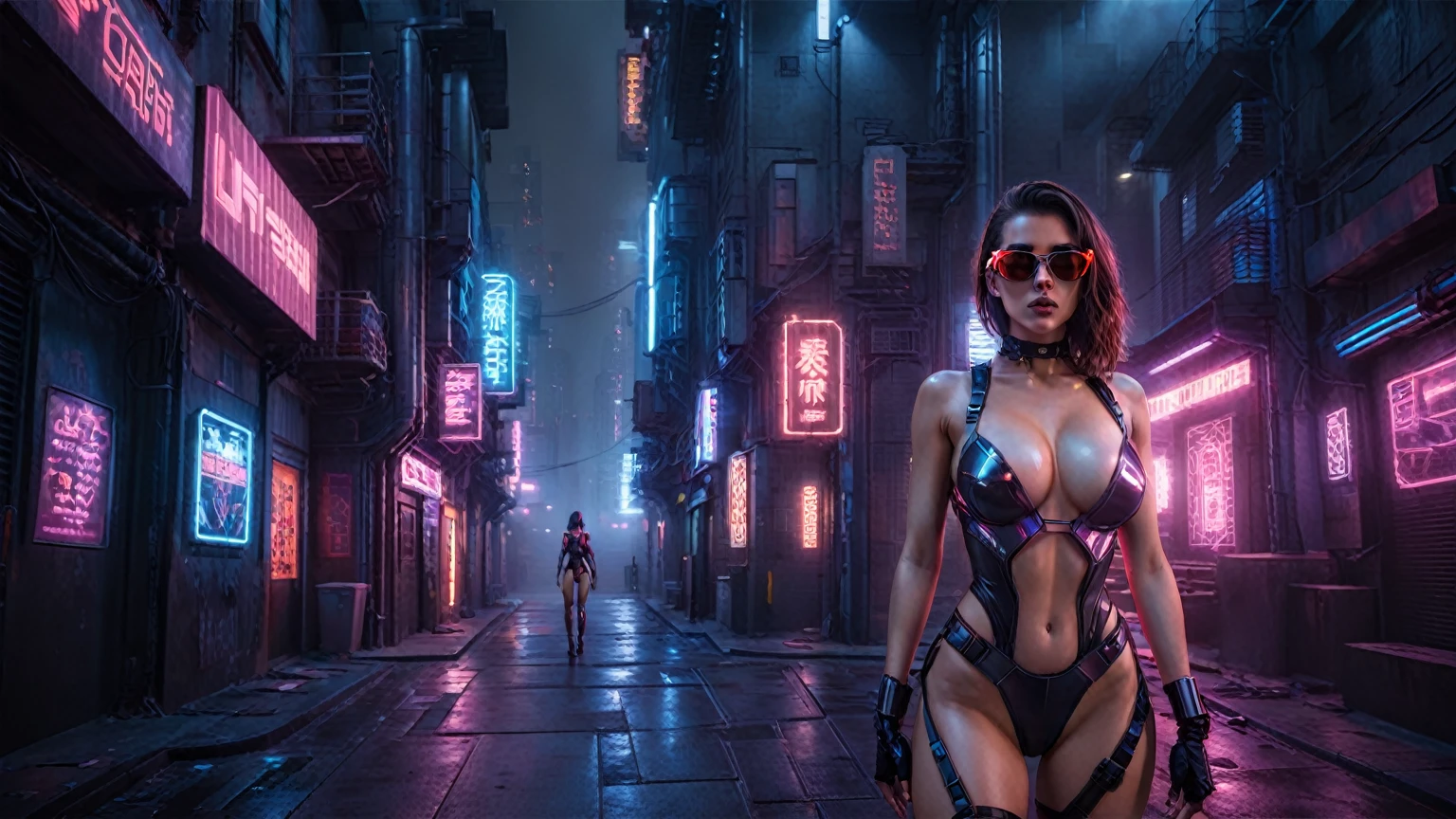 There's a cyborg woman (8k) wearing a futuristic leotard (best quality) standing in a cyberpunk city alley at night, darksynth aesthetic, red neons, haze, foggy night, ultra detailed, photorealistic, (1girl, solo, alone), large-breast:1.2 slim body, cleavage:1.1, (black sunglasses), (holding a pistol), dynamic pose, half-body thigh level medium shot, cinematic lighting, ray tracing.