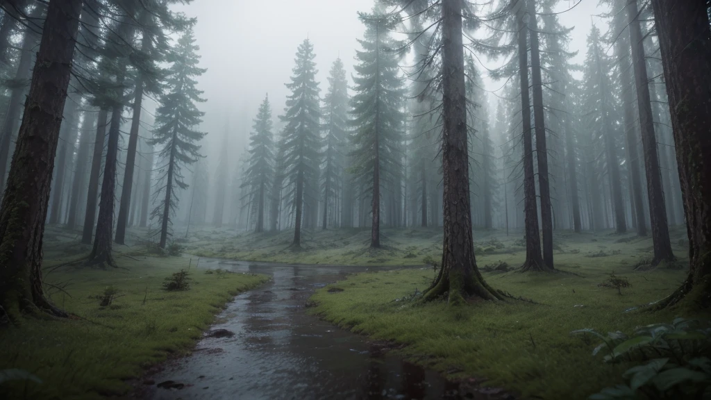 top quality, photorealistic, 8k, high definition, rainy and cloudy day inside the forest