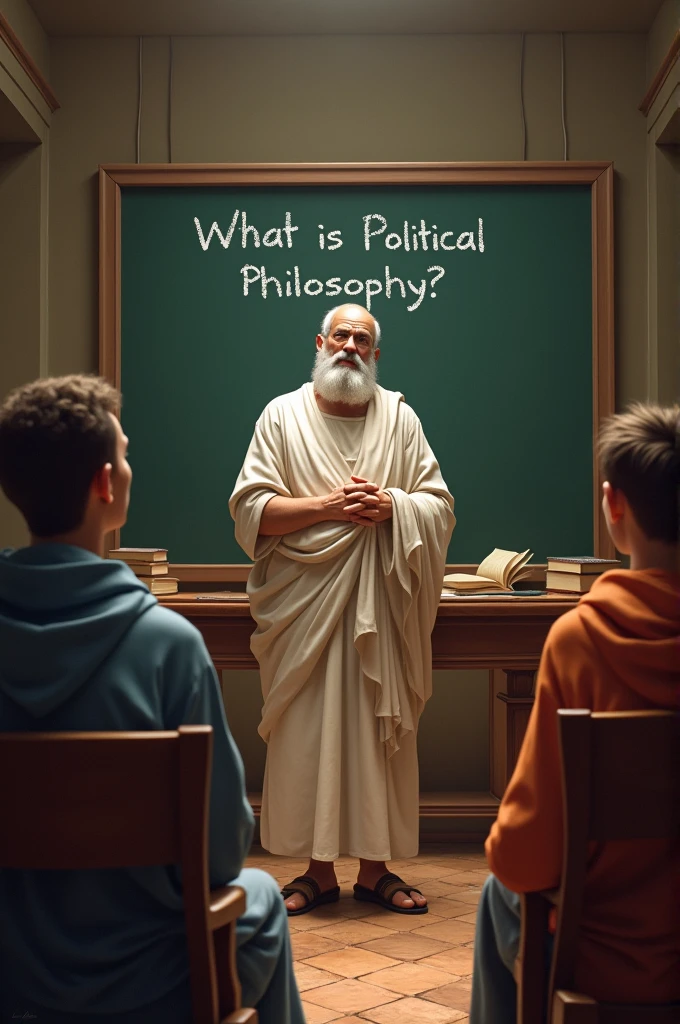 A teacher (similar to Socrates) is in a classroom with several students. There is a board in the background with the phrase "What is Political Philosophy?".