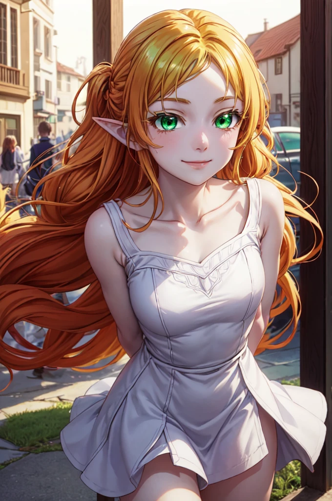 tsundereFairy, tsundere Fairy, Long Hair, Blonde Hair, (Green Eyes:1.5), Pointed Ears, Fairy, Multicolored Hair, Forehead jewel,smile、Closed Mouth、Absolute reference to the center、Cute no matter who looks at it、Arms behind back,clavicle,White Dresses、Absolute reference to center、whole body, alone,Cinematic lighting、Cowboy Shot、Beautiful thighs、Highly detailed face, Perfect lighting, Highly detailed CG, (Perfect hands, Perfect Anatomy, dynamic pose