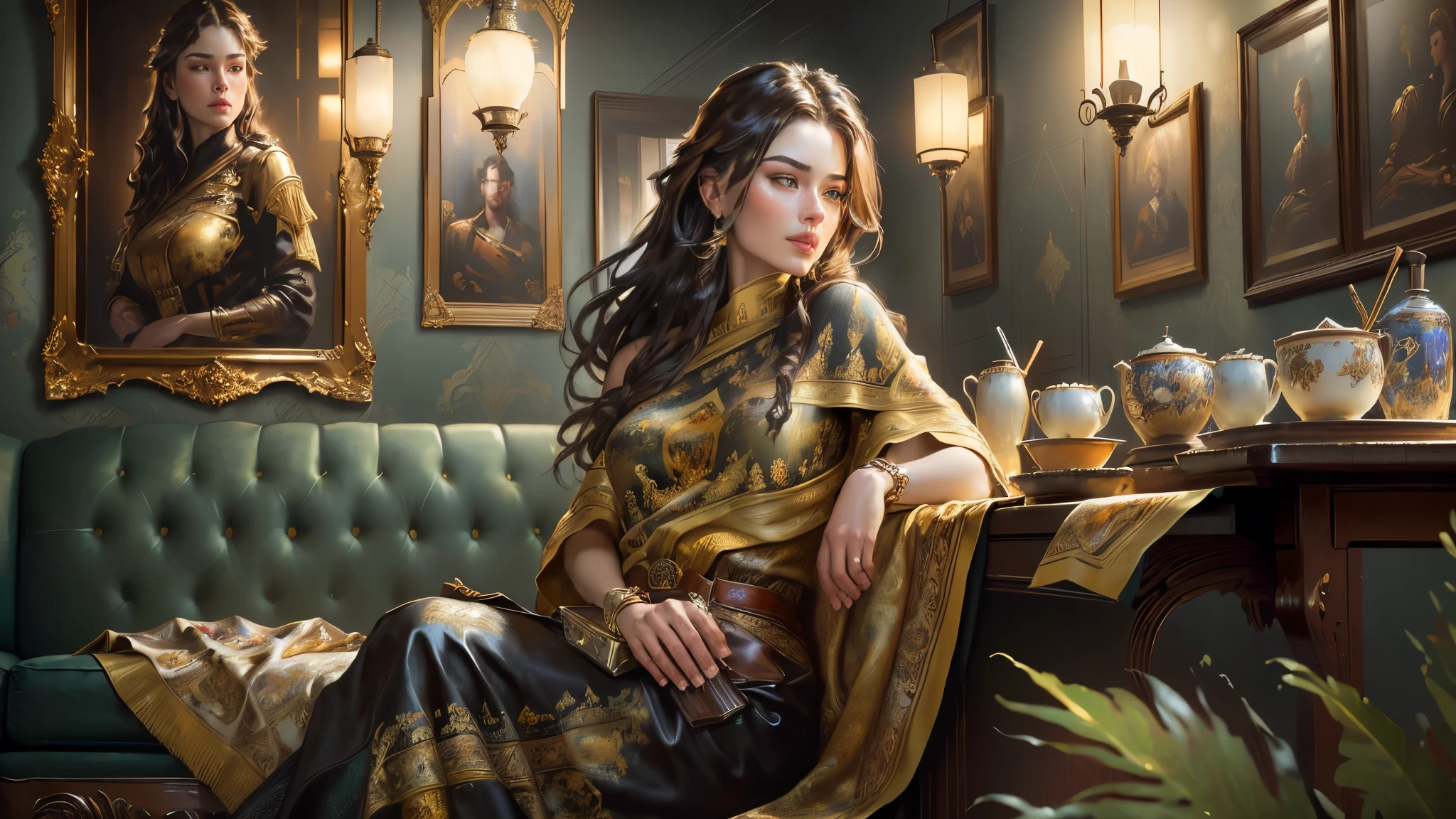 Oil painting of a woman sitting on a couch in a restaurant, thick texture pattern, detail brush strokes, karol bak uhd, james gurney painting style, wadim kashin. ultra realistic, by Marek Okon, style of karol bak, sensual painting, style of raymond swanland, by James Gurney, ( ( konstantin razumov ) ), beautiful art uhd 4 k