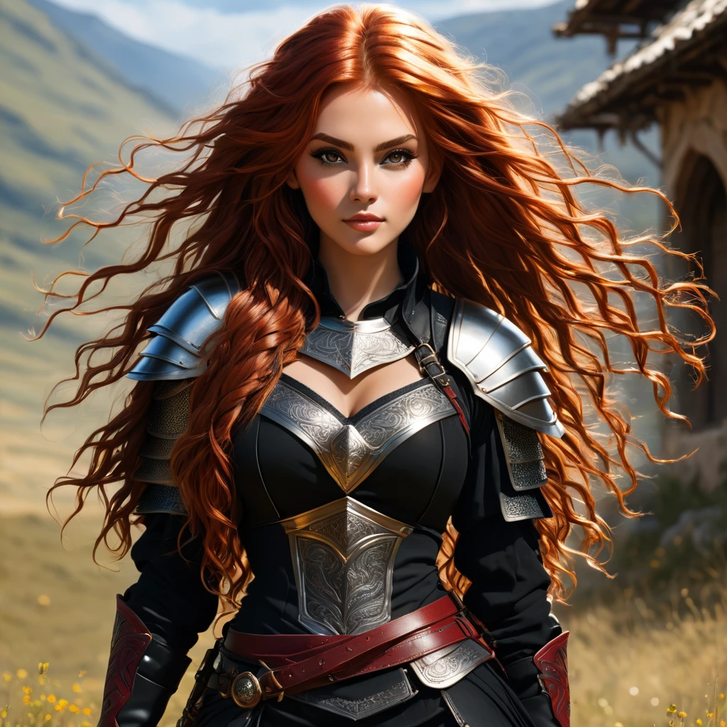 an image Nayane Laura Menequel XX weeks 13, a beautiful young woman with a friendly warrior appearance, detailed light honey eyes, long red hair, wearing black boots, she is in a full body pose