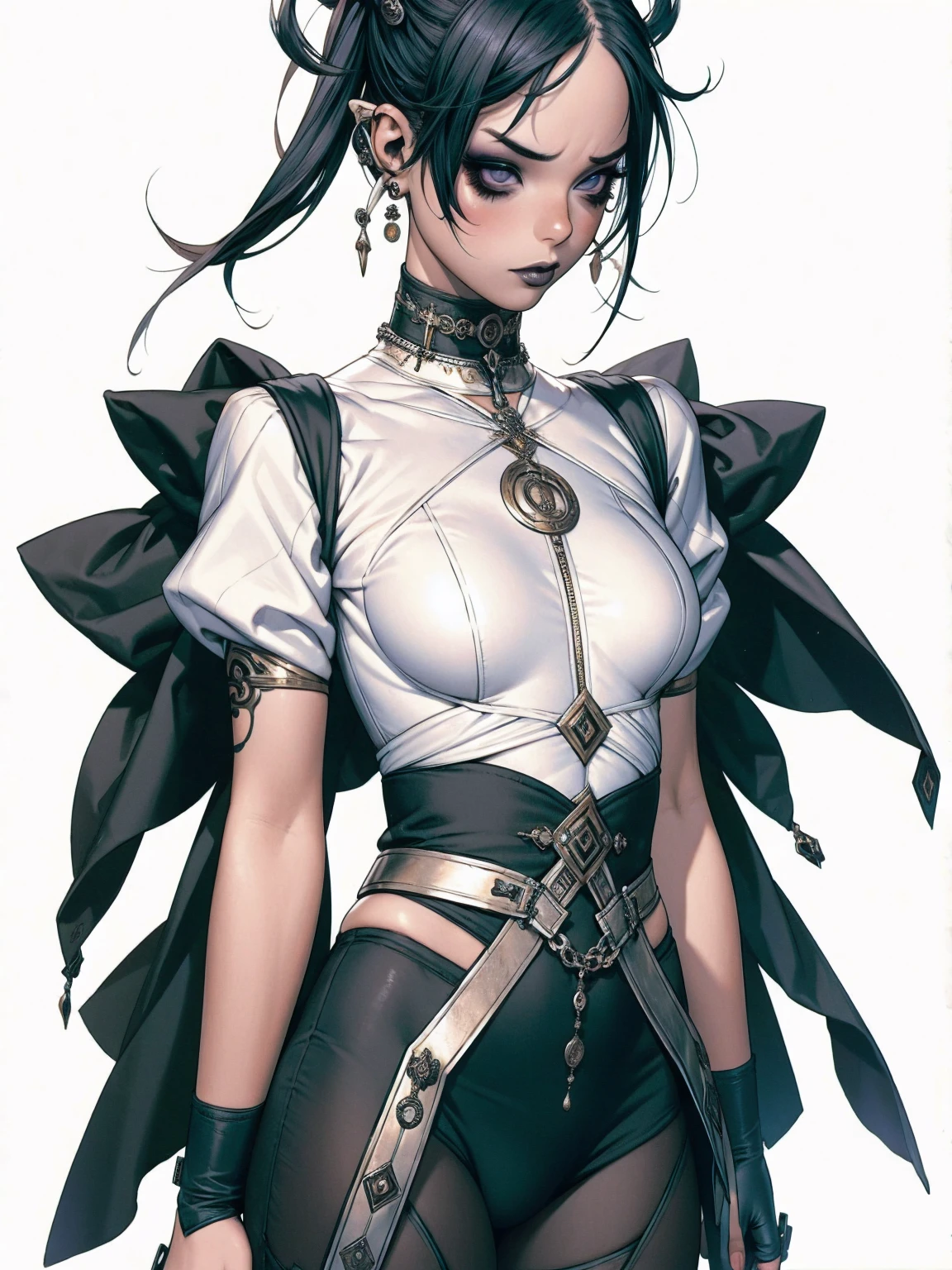 (((best qualityer))), (((manga strokes))), goth girl with very heavy makeup, straight black hair covering one eye, very white skin, black tee, look heavy metal fã, bracelets with small spikes, choker, ripped pants and/or beaten, black lipstick, gloves with fingers exposed, dark eye shadow, piercings na orelha, the way you want, grumpy