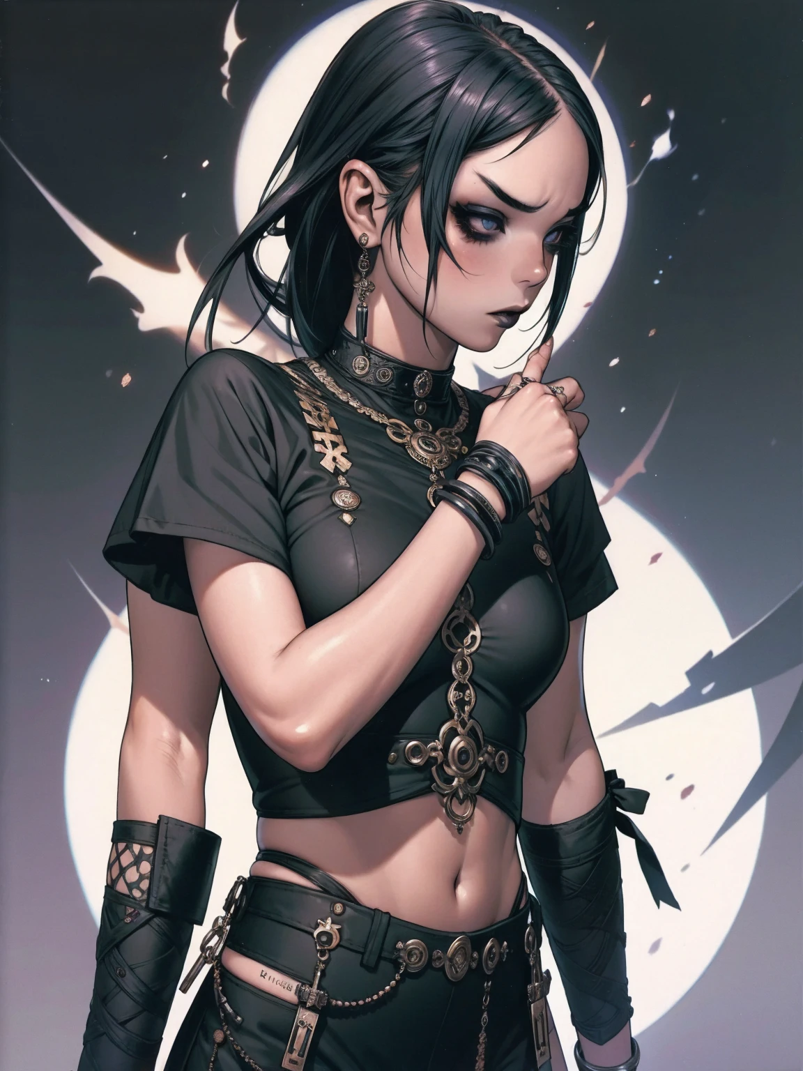 (((best qualityer))), (((manga strokes))), goth girl with very heavy makeup, straight black hair covering one eye, very white skin, black tee, look heavy metal fã, bracelets with small spikes, choker, ripped pants and/or beaten, black lipstick, gloves with fingers exposed, dark eye shadow, piercings na orelha, the way you want, grumpy