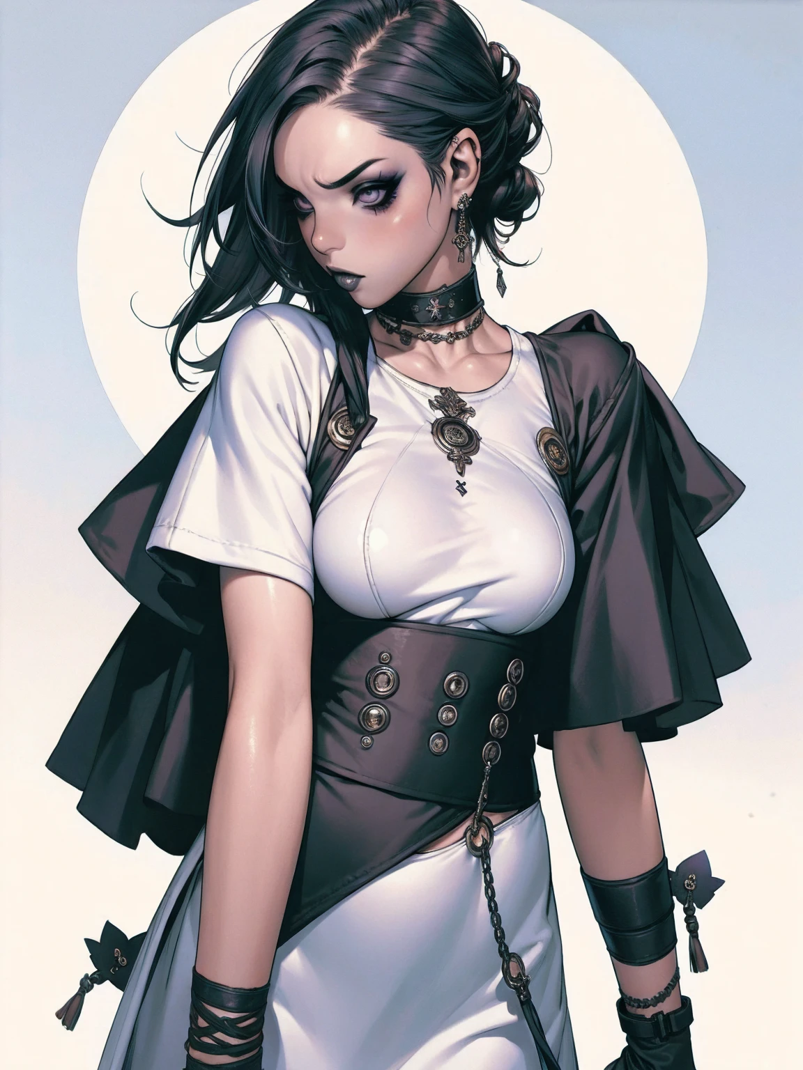 (((best qualityer))), (((manga strokes))), goth girl with very heavy makeup, straight black hair covering one eye, very white skin, black tee, look heavy metal fã, bracelets with small spikes, choker, ripped pants and/or beaten, black lipstick, gloves with fingers exposed, dark eye shadow, piercings na orelha, the way you want, grumpy
