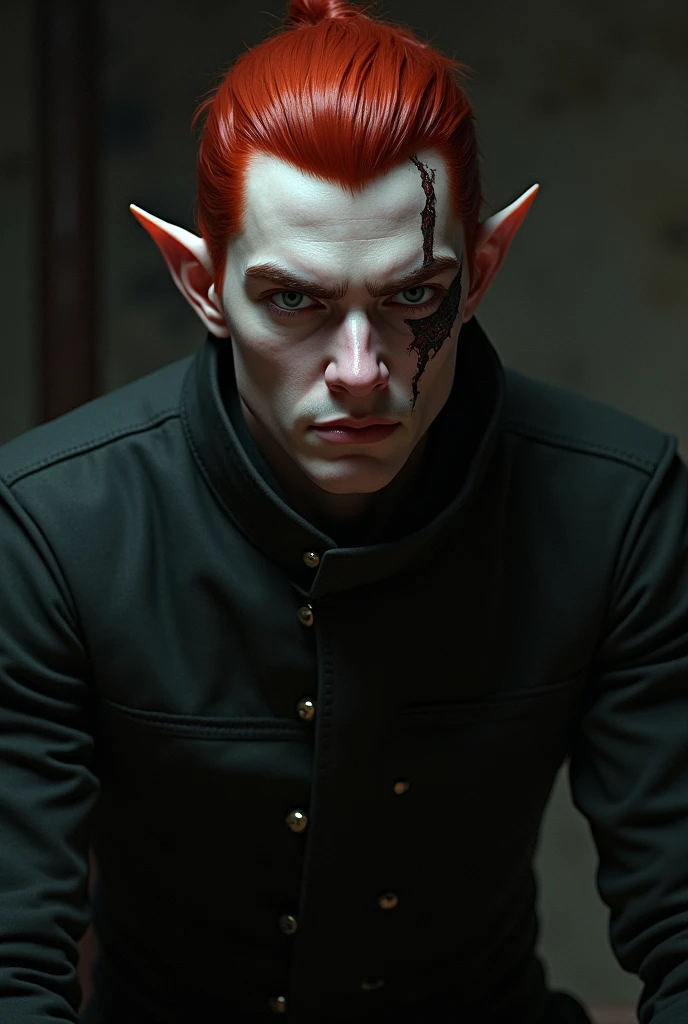 Light-skinned Elf Man, who has red hair and a scar over his left eye, sitting with a menacing look