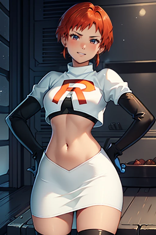 leonie pinelli, orange hair ,short hair ,earrings, glossy lips ,team rocket uniform, red letter R, white skirt,white crop top,black thigh-high boots, black elbow gloves, evil smile, hands on hips