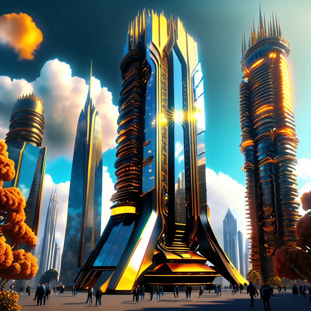 ((best qualityer)), ((work of art)), ((realisitic,digitl art)), (hyper detailled), skyscraper, no human, octane rendering, ray tracing, golden volumetric lighting, back-illuminated,rim lighting, 8k, HDR,