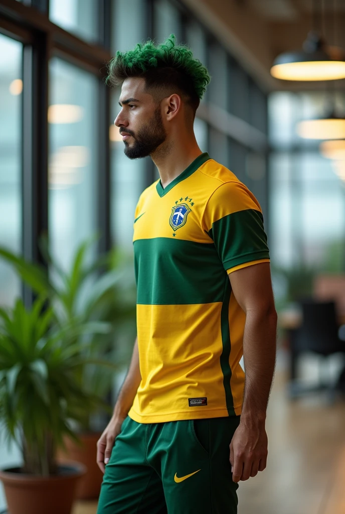 A Brazilian man standing walking sideways, with green hair, Corinthians shirt in an office