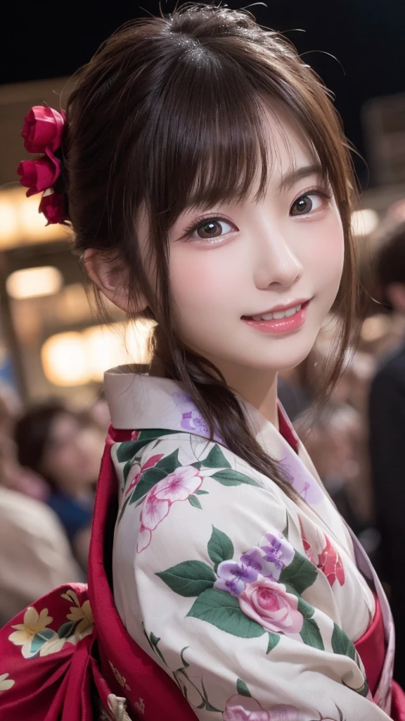 (kimono)、masterpiece、beautiful girl、Beautiful detailed eyes、highest quality, 超A high resolution, (reality: 1.4), Cinema Lighting、(Japanese Girls)、so beautiful、Beautiful Skin、(Looking at the audience)、(Surreal)、(High resolution)、(8k)、(Very detailed)、(Beautiful fine details)、(Very detailed)、 (wallpaper)、Detailed face、Bright lighting、Professional Lighting、Smile