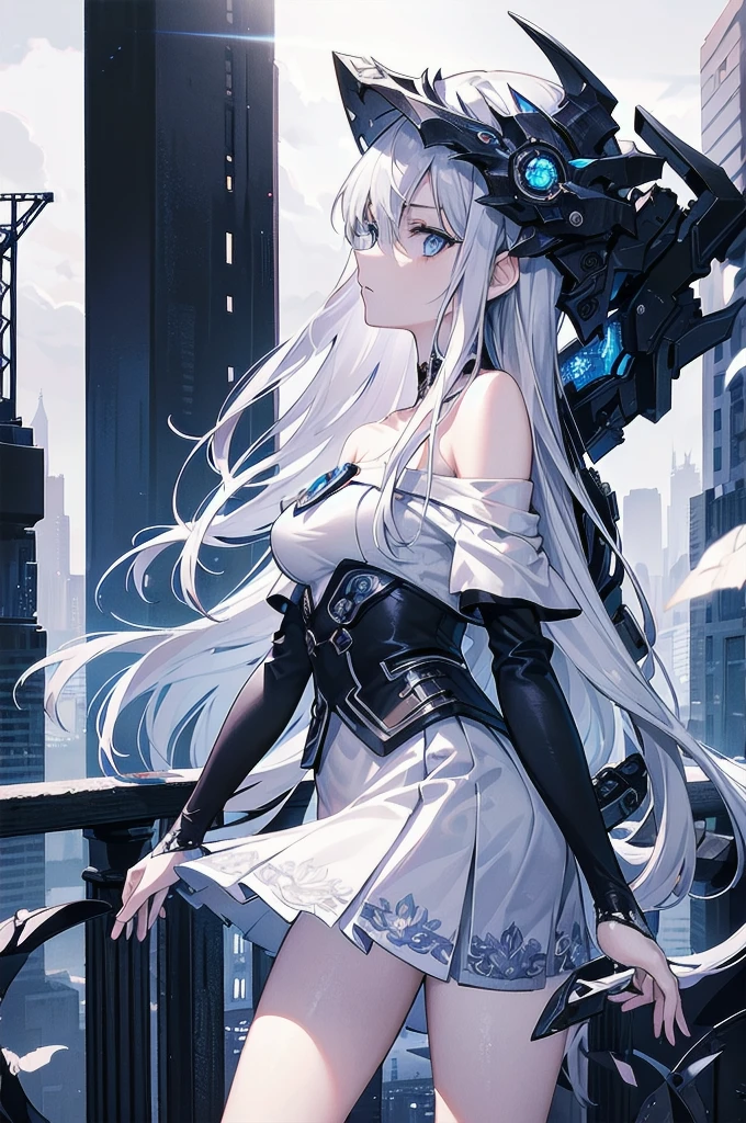 ((masterpiece)), ((best quality)), ((best illustration)), ((ultra-detailed)), 1 lady, solo, teenager, absurdly long hair, silver hair, straight hair, ((blue eyes)), ((hyper detailed eyes)), ((hyper detailed face)), gloomy face, holding cybernetic weapon, lonely, looking at viewer, business suit, ((off shoulder)), ((miniskirt)), bare legs, thin body, thin arms, long arms, standing, cowboy shot, side view, urban, night, backlight