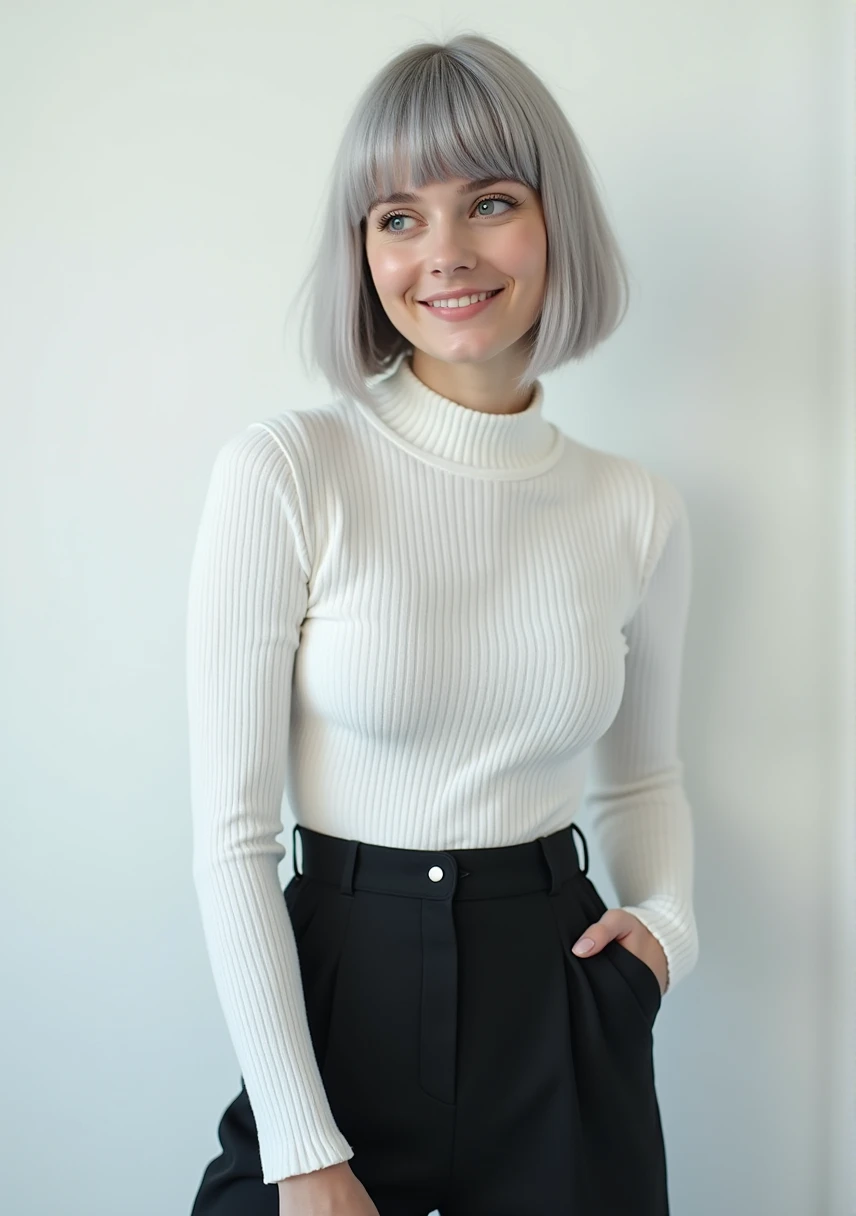 (RAW photo, best quality, masterpiece: 1.2), (photorealistic: 1.4), best lighting, 20 years old, (detail face, detail eyes, light gray eyes, light gray hair, short straight bob cut, Symmetrical eyes, huge breasts :1.3)
