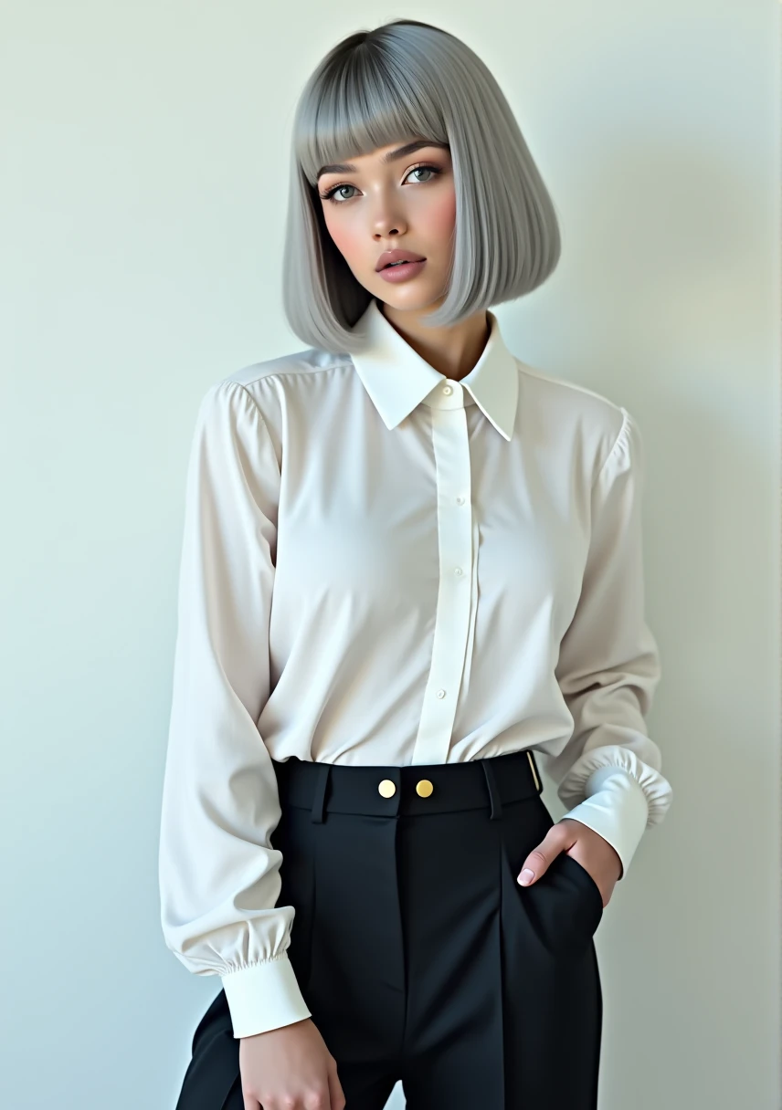 (RAW photo, best quality, masterpiece: 1.2), (photorealistic: 1.4), best lighting, 20 years old, (detail face, detail eyes, light gray eyes, light gray hair, short straight bob cut, Symmetrical eyes, huge breasts :1.3)