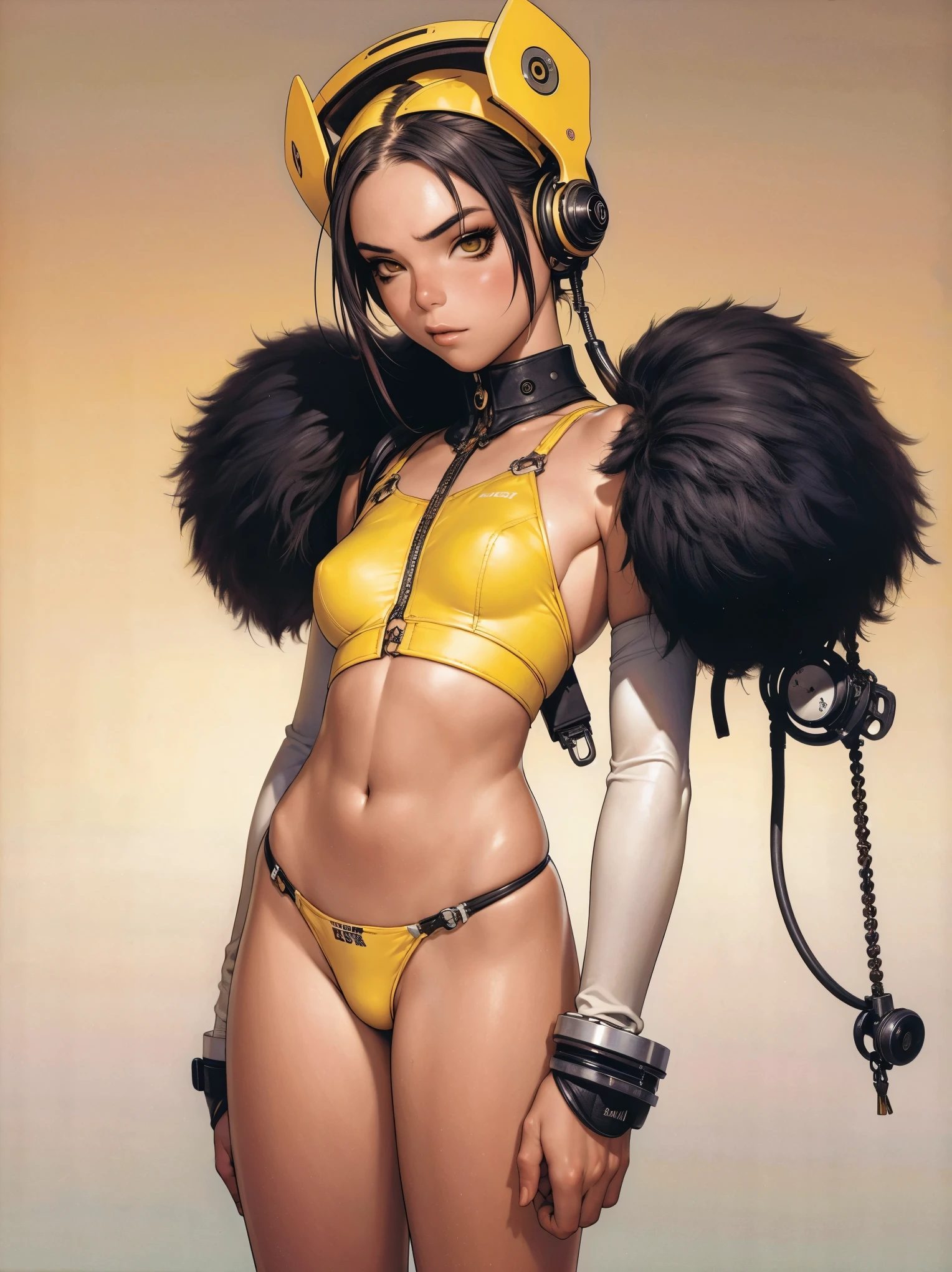 (best qualityer))), (((manga strokes))), (((Headphones))), (((Yellow devices))), Googles in your head, (((tiny thong shorts))), uma Kizi jovem muito bem vestida com roupas modernas de inverno, short top, short jacket with dark fur collar, beautiful and expressive face, slightly-smile, big eyes with long black eyelashes, heavy make-up, chains and zippers spread across clothes, contrasting colours, pose de atitude, hair with a modern and futuristic cut, urban game poster art, dramatic camera angles, graffiti art elements, ((bird’s eye view))), (((best qualityer: 1.4))), (Unbeatable masterpiece), (hiper HD),(CG 8k hyper-realistic), Kizi, (((standing alone))), pirralha violent, (((14歳))), sexly, pose de atitude, work of art, post-apocalypse, (((manga style))), bounty hunter, violent, Manic, the way you want, slenderbody, thin but strong, perfectbody, roupa moderna, advanced technology, neon, sleeves with vertical striped pattern