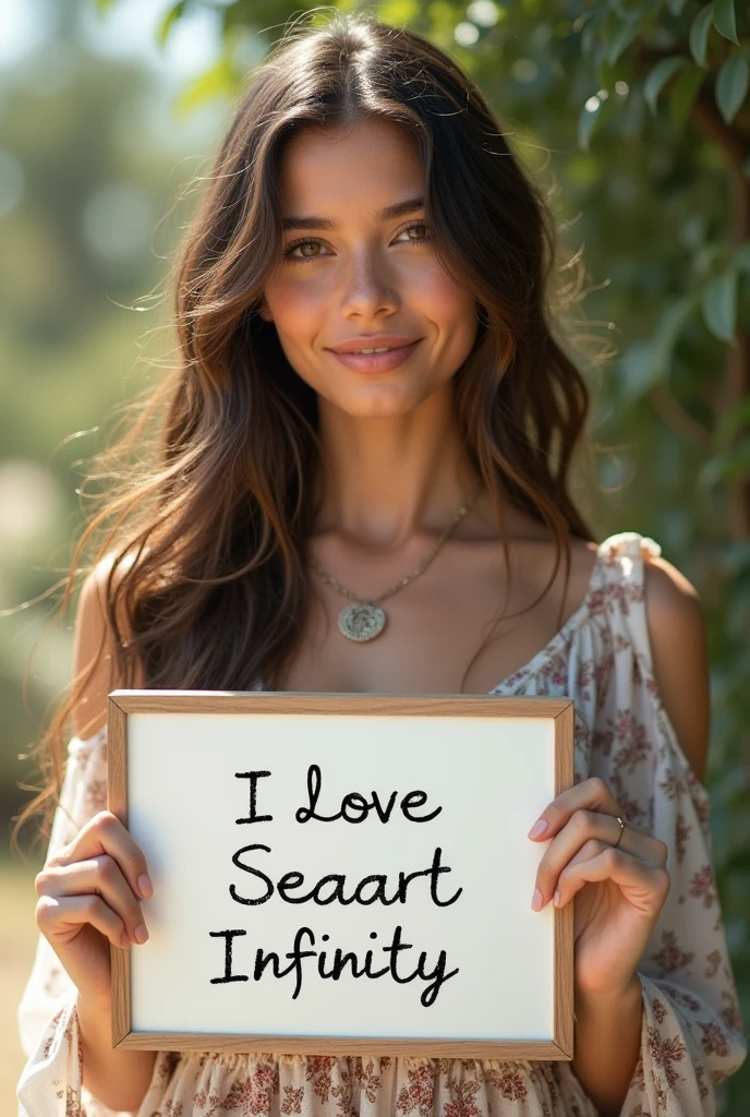 Beautiful girl with wavy long hair, bohemian dress, holding a white board with text "I Love Seaart Infinity" and showing it to the viewer