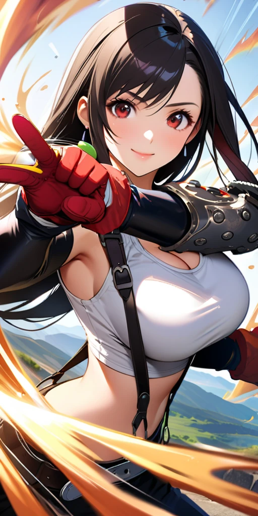 (((((tifa lockhart,Final Fantasy 7:1.5))))),((Highest quality、masterpiece、anime style、best quality、high resolution、8k、detailed、ultra-detailed:1.3))、Long legs:1.2, Beautiful woman with perfect figure:1.4、(Smiling:1.2), double eyelid、30-year-old female、((((One Woman,beautiful face,Beautiful face、Outdoor,upper body:1.5)))),Big Breasts、High resolution, accurate, Anatomically correct, High-resolution model, high quality, Very detailed, Ultra high definition、Black Hair、Straight Hair、Long Hair,Red open finger gloves,(Uplifting、action、contrapposto pose、dynamic、dynamicポーズ、dynamic motion:1.5)、(((((speed lines、action lines,movement,dynamism:1.0)))))