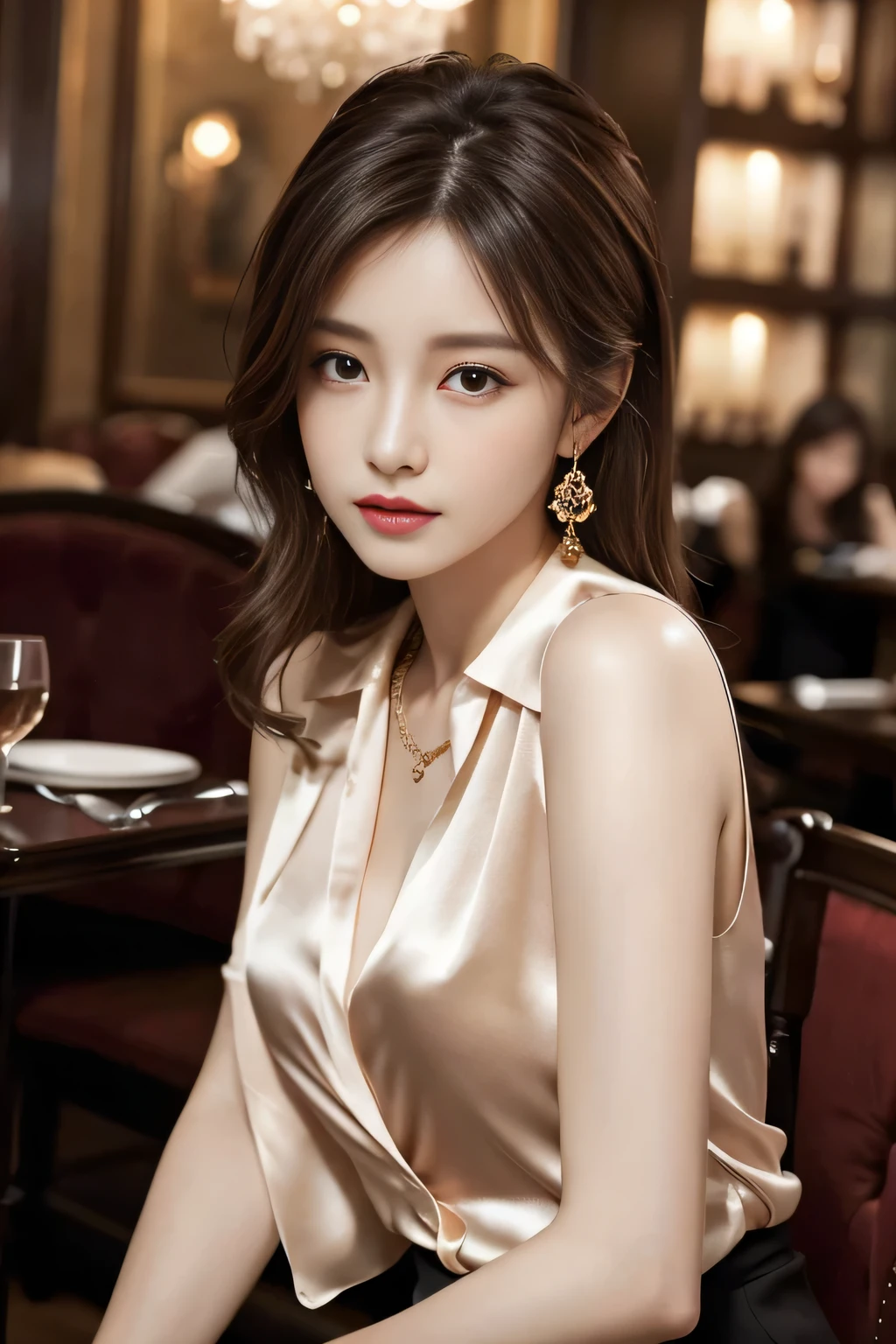 masterpiece, Highest quality, Realistic, Very detailed, Finer details, High resolution, 8k wallpaper, One beautiful woman, Wear an elegant silk shirt in a pretty color, In a great restaurant, At night, Light brown messy hair, Perfect dynamic composition, Beautiful and beautiful eyes、Big earrings、chest、Sleeveless shirt、