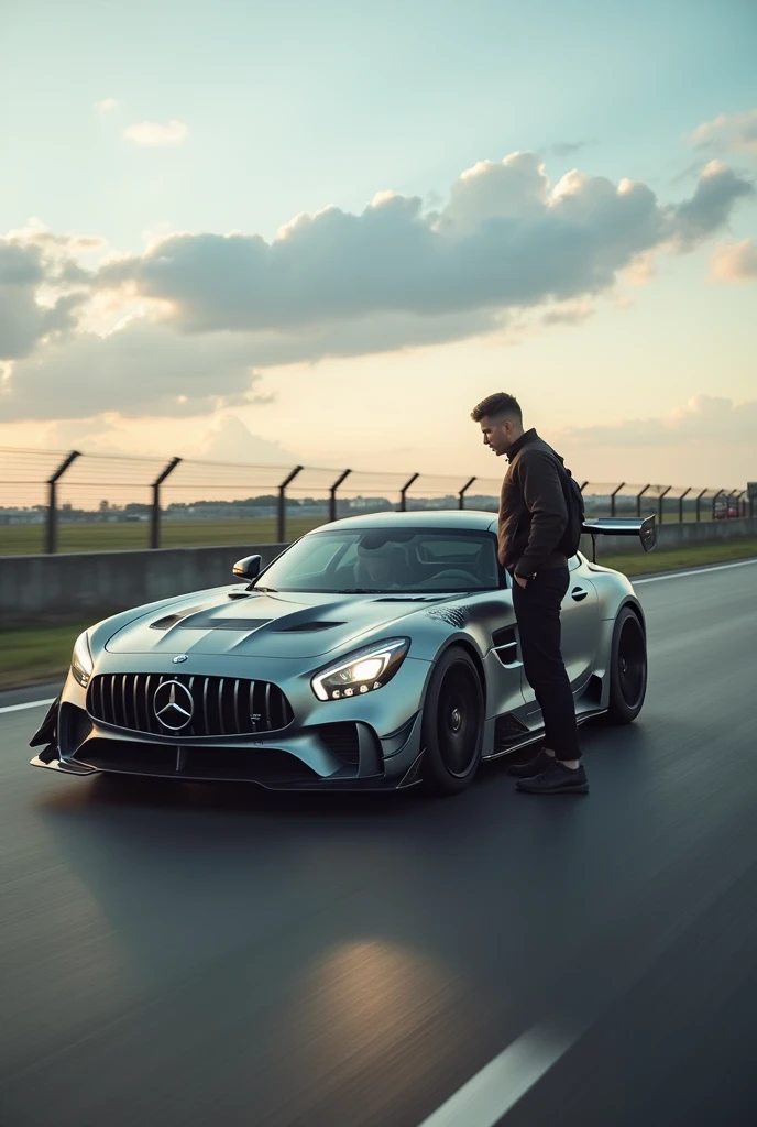 a car on a track with a man