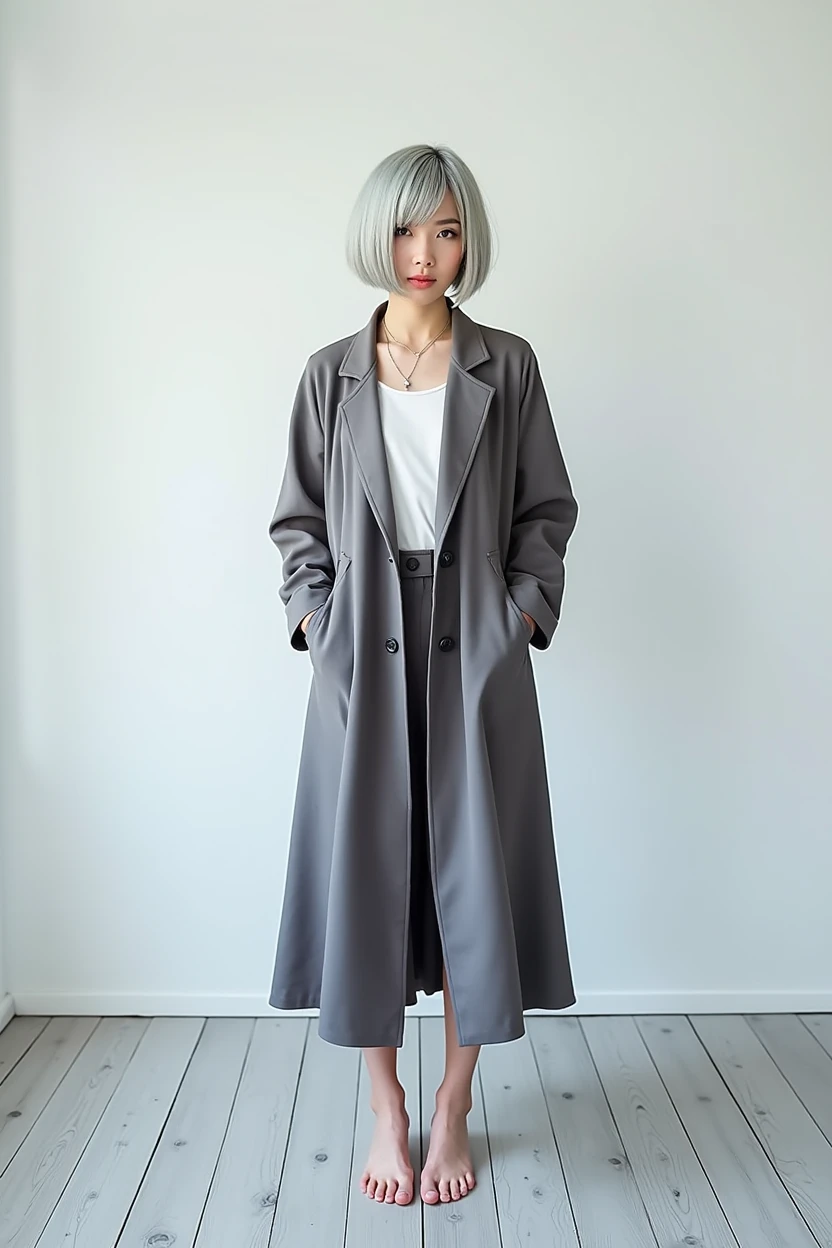 (RAW photo, best quality, masterpiece: 1.2), (photorealistic: 1.4), best lighting, 20 years old, (detail face, detail eyes, light gray eyes, light gray hair, short straight bob cut, Symmetrical eyes, huge breasts :1.3)
