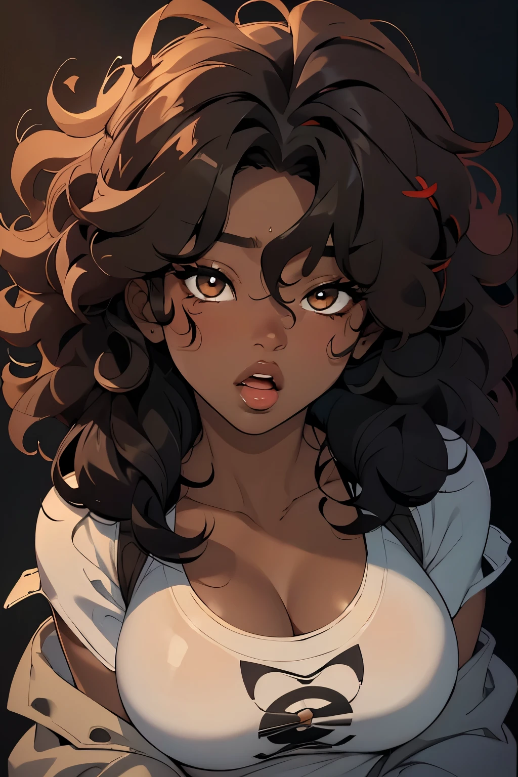, open mouth, gasping, wide eyed, looking at viewer, big lips, darker skin, messy hair, curly hair,