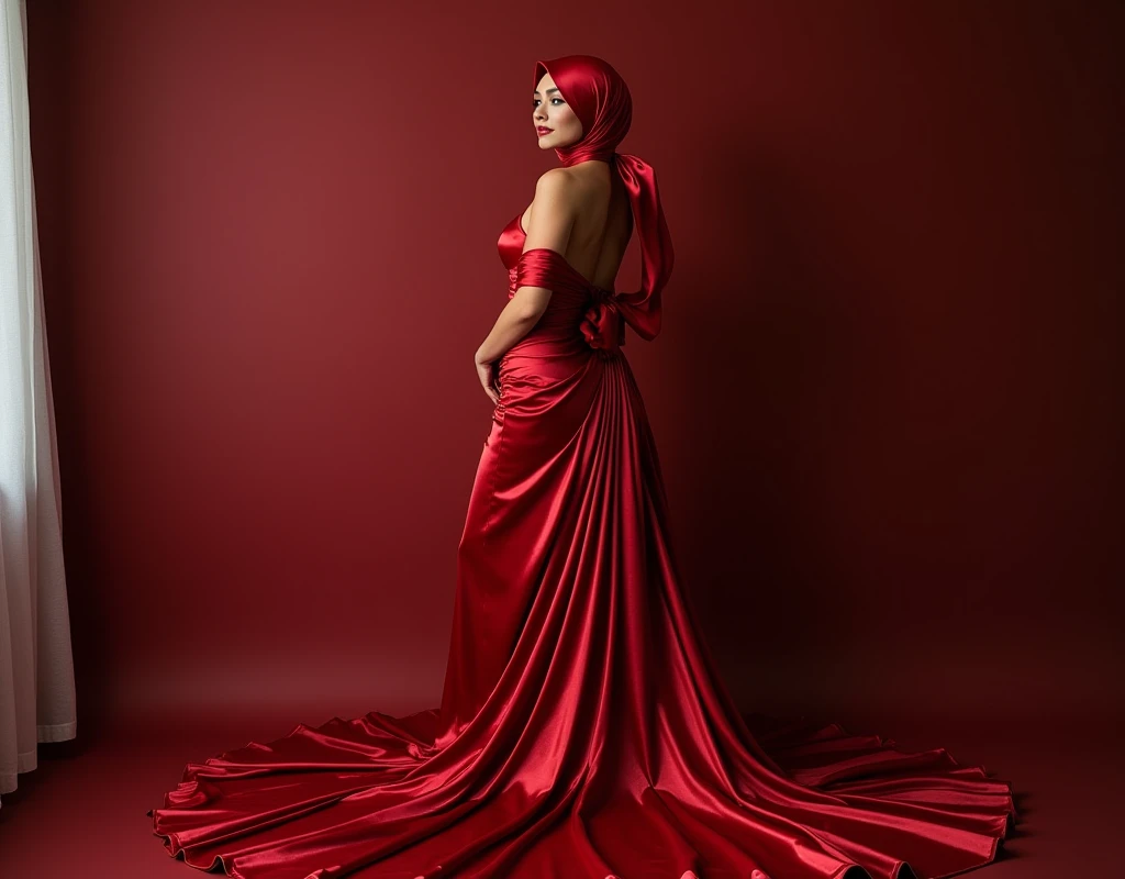 Captivating, elegant woman is engendered in a cascade of four-meter-long, ruby-red, plush satin fabric. The material clings tightly to her figure, spreading out into a pooled train at her feet, mimicking a mermaid's tail. A satin hijab cloaks her head, in bed room, revealing only a hint of her upper body. This full-body portrait radiates a mythical sophistication. Wrapped, eth