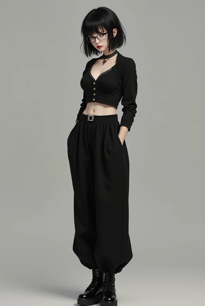 Girl, short hair, round lenses, D Cup Breasts, medium rear, black clothes, black japanese pants, black gothic style shoes