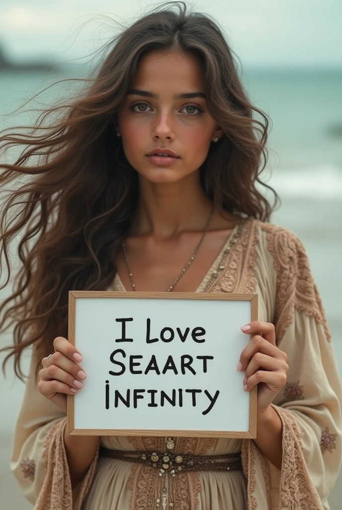 Beautiful girl with wavy long hair, bohemian dress, holding a white board with text "I Love Seaart Infinity" and showing it to the viewer