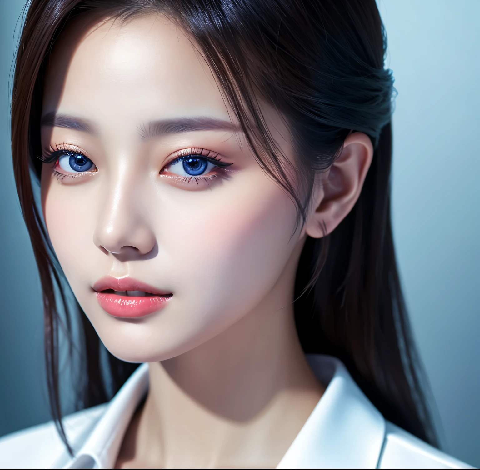 Close up portrait of woman in blue suit and white shirt, Elegant digital art, High-quality portraits, Shiny digital painting, Digital Art Images, Beautiful digital art, Elegant digital painting, Portraits of Korean female idols, Beautiful digital painting, Realistic cute girl drawing, high quality digital painting, TWICE's Tzuyu, Professional Profile Photo, Korean Girls