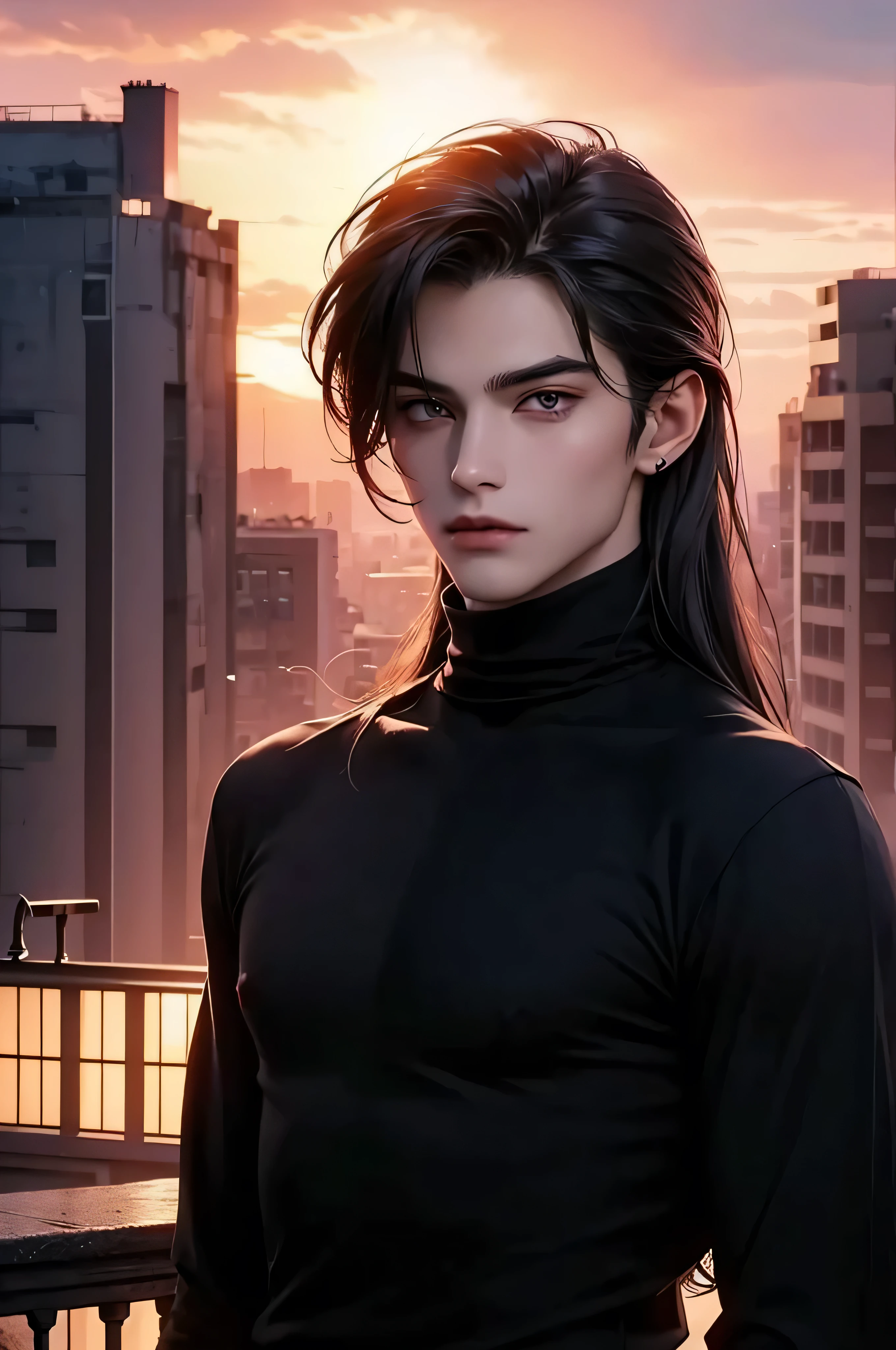 (Best quality)), ((masterpiece)), (detailed), ((perfect face)), ((halfbody)) perfect proporcions, He is a handsome vampire, 18 years old, he is sexy, long hair, badass, He has his back to the camera, he is on top of a building, pink sunset sky ((perfect face)) halfbody, wearing black turtleneck shirt