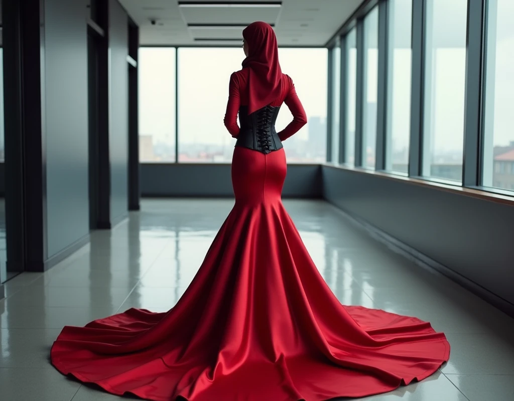 A woman, draped in an elegant silk red skirt with a long train cascading behind her, stands poised in an office setting, corset cinching her waist, hijab styled atop her head, mermaid-style satin skirt embracing her form, skirt flowing with a dramatic sweep, juxtaposed against the stark office environment