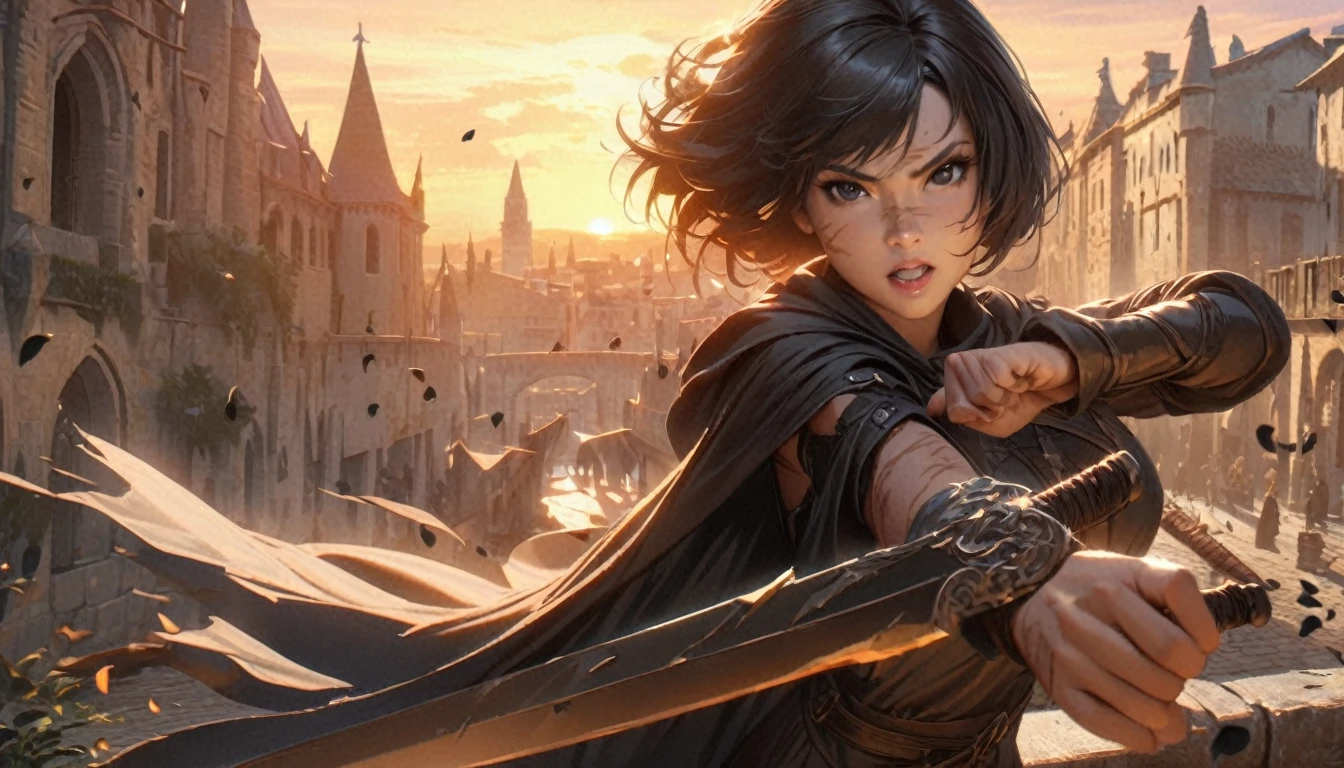 1 warrior women with several scars, expressive black eyes, black short hair, dressed with a black cape, using his massive two hand sword ,fighting pose ,black petals fall from the sky in big medieval city in sunset in background, detail richness, masterpiece, best quality, realistic rendering