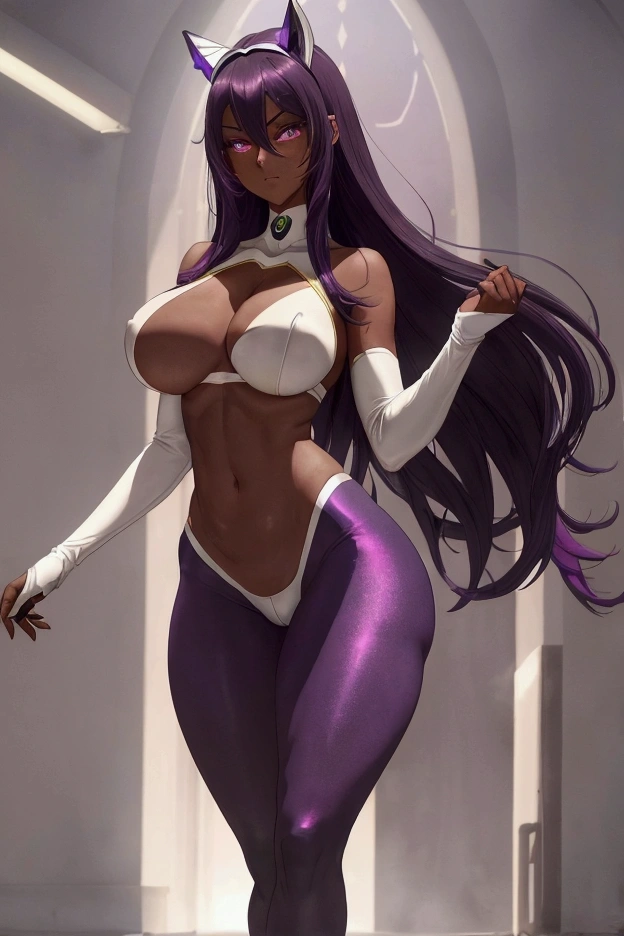 (Gir1), (20 years), (Dark Skin:1.5), (Long dark purple hair and dark purple eyes), (structured body), (hourglass figure), (Height 1.77), (beautiful), (beautiful and delicate face), (slender body), (thin body), (with physical attributes such as super mega large and large breasts and ass), (Mature body like that of a super hot and delightful adult woman), (super gigantic breasts), (big ass), (body with soft skin), (Wearing), +, (A cheerleading captain's outfit magically morphs into a tantalizing near-nude ensemble, leaving little to the imagination. The vibrant colors of the costume shimmer in the sunlight, while the sheer fabric highlights each curve and contour of her body. She confidently leads her team onto the field, turning heads and causing hearts to race.)