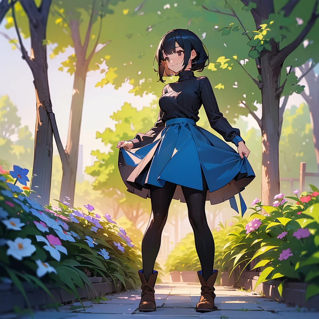 (high quality, High resolution, Very detailed, reality:1.37), Peaceful atmosphere, (Outdoor, garden), Teenage girl standing alone, (my breasts are big.), Beautiful details, Cute Smile, (Black bob hair), Ribbed sweater, Blue Skirt, Black tights, Brown boots.