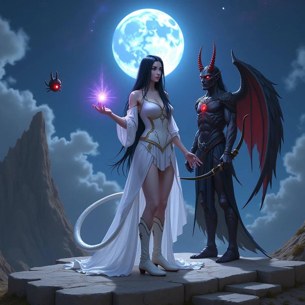 Create a realistic fantasy image featuring a female High Elf Warlock with white skin, glowing blue eyes, and long, straight black hair. She wears a white corset-style dress with gold details. The front of the dress ends in a short skirt above the knees, while the back features a tail that flows down her right leg, curving around her ankle. She is wearing knee-high white boots with gold accents. The elf stands facing the viewer, her body slightly turned to the left. In her right hand, she forms a glowing purple energy sphere, while in her left hand, she holds a shining obsidian-like black bow.
Behind the elf stands a humanoid demon with long reddish horns, torn black robes, semi-folded tattered wings, and a carmine aura. To her left, a crimson red imp hovers in the air.
The setting is a carved stone altar on which the characters stand, located in a desolate landscape under a midnight sky with a bright blue full moon. The sky is partially covered with clouds, revealing the Milky Way above.