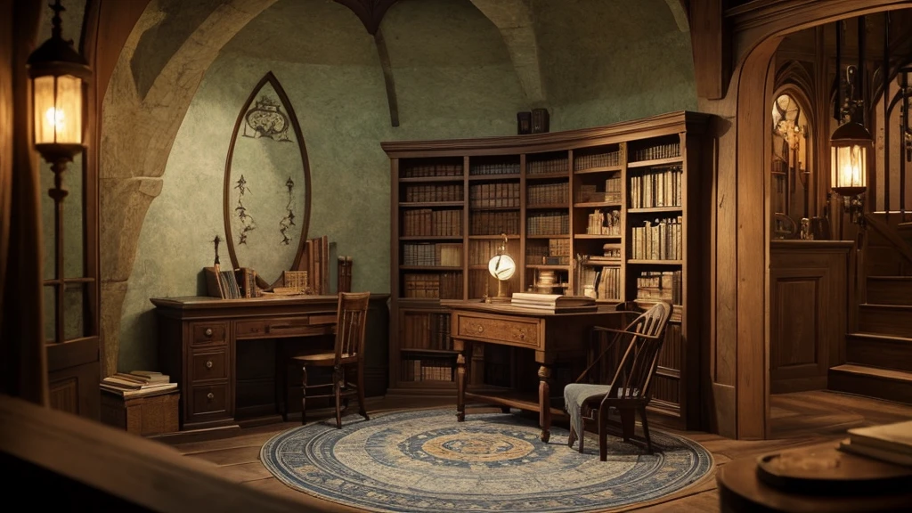 dim,Moody,night,Circular Room,round,Stone wall,Wooden bookshelf on the wall,A small circular space for a telescope at the back,Classic square wooden desk in the center,Wooden pointed back chair,Classic lantern with quill pen and parchment on a desk,A landing at the top of a short staircase,Gwartz,Harry Potter Cinematic Universe,Harry Potter Fan Art,Harry Potter inspired,High reproducibility,Dumbledore&#39;s Office