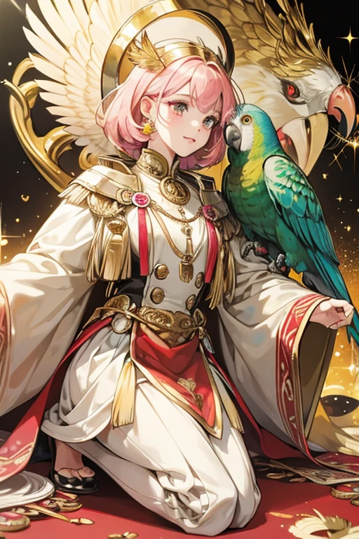 Tambo is a girl parrot with a shiny golden coat. She has lighter gold head feathers, wings, beak, and feet, as well as pink cheeks. SPARKLE; GLITTER
