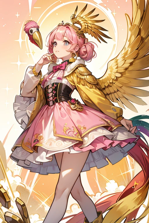 Tambo is a girl parrot with a shiny golden coat. She has lighter gold head feathers, wings, beak, and feet, as well as pink cheeks. SPARKLE; GLITTER