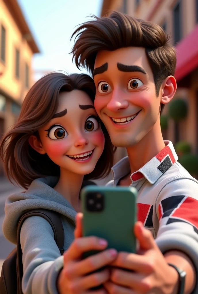A Pixar image of a couple taking a selfie. You can't see the cell phone. The girl has a gray jacket. The man has a white shirt with red and black lines. The girl has a hood.